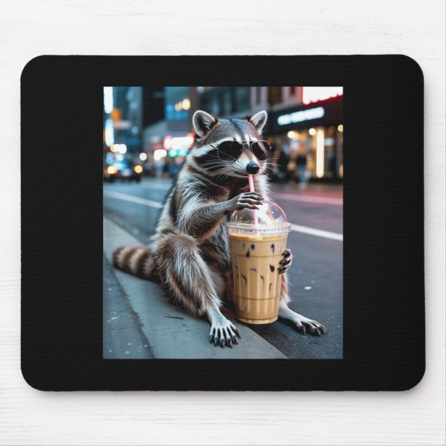 Racoon drinking iced coffee funny animal meme men mouse pad (Front)