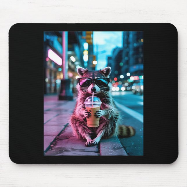 Racoon drinking iced coffee funny animal meme men mouse pad (Front)