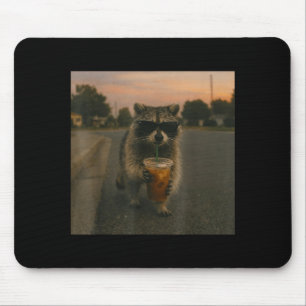 Racoon drinking iced coffee funny animal meme men mouse pad