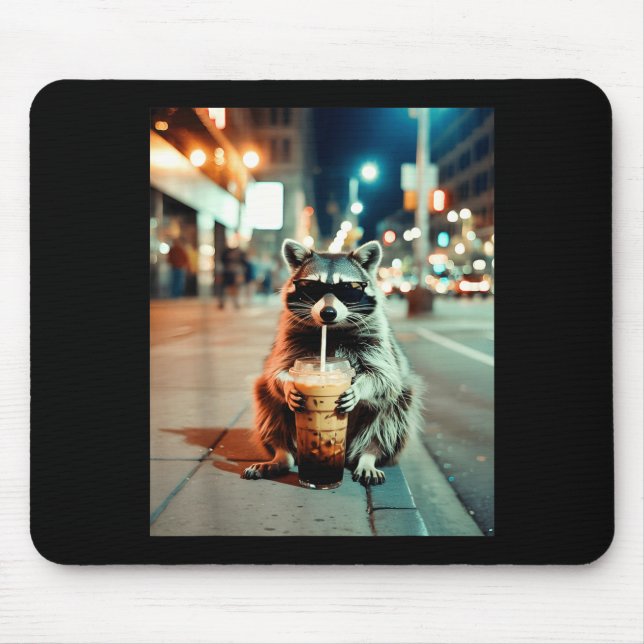 Racoon drinking iced coffee funny animal meme men mouse pad (Front)