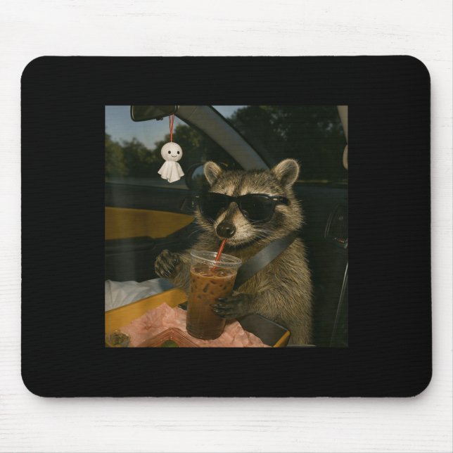 Racoon drinking iced coffee funny animal meme men mouse pad (Front)