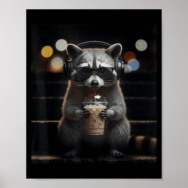 Racoon drinking iced coffee funny animal meme men poster (Front)