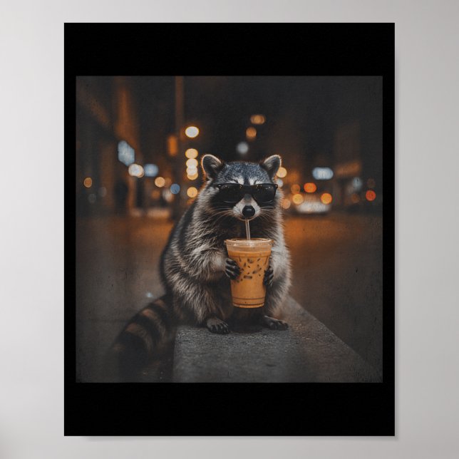 Racoon drinking iced coffee funny animal meme men poster (Front)