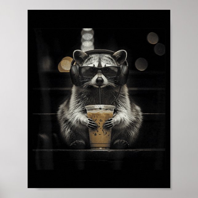 Racoon drinking iced coffee funny animal meme men poster (Front)