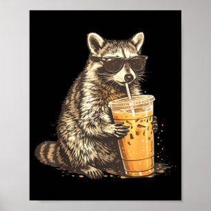 Racoon drinking iced coffee funny animal meme men poster
