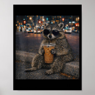 Racoon drinking iced coffee funny animal meme men poster