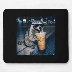 Racoon drinking iced coffee funny animal meme  mouse pad