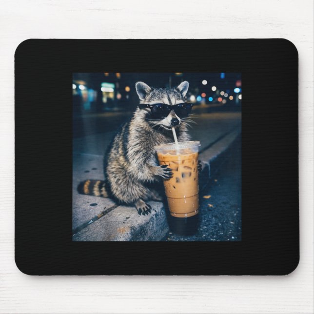 Racoon drinking iced coffee funny animal meme  mouse pad (Front)