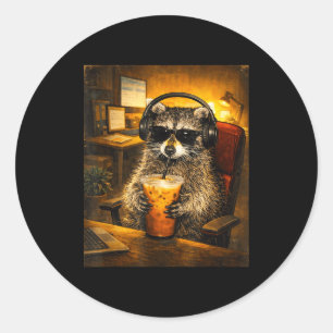 Racoon drinking iced coffee funny caffeine lover classic round sticker