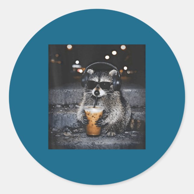 Racoon Drinking Iced Coffee Funny Classic Round Sticker (Front)