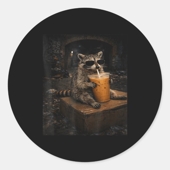 Racoon Drinking Iced Coffee Funny Classic Round Sticker (Front)