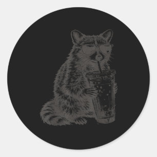 Racoon drinking iced coffee funny for men, women, classic round sticker