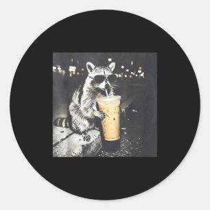 Racoon drinking iced coffee funny meme ghraphic classic round sticker