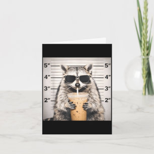 Racoon drinking iced coffee funny mugshot animal card
