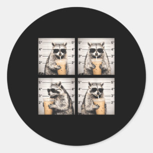 Racoon drinking iced coffee funny mugshot animal classic round sticker