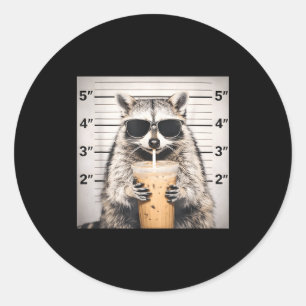 Racoon drinking iced coffee funny mugshot animal classic round sticker