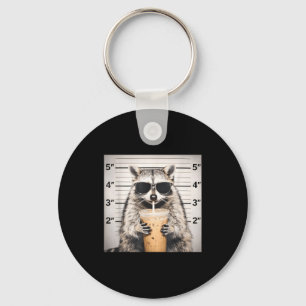 Racoon drinking iced coffee funny mugshot animal key ring