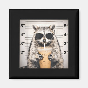 Racoon drinking iced coffee funny mugshot animal magnet