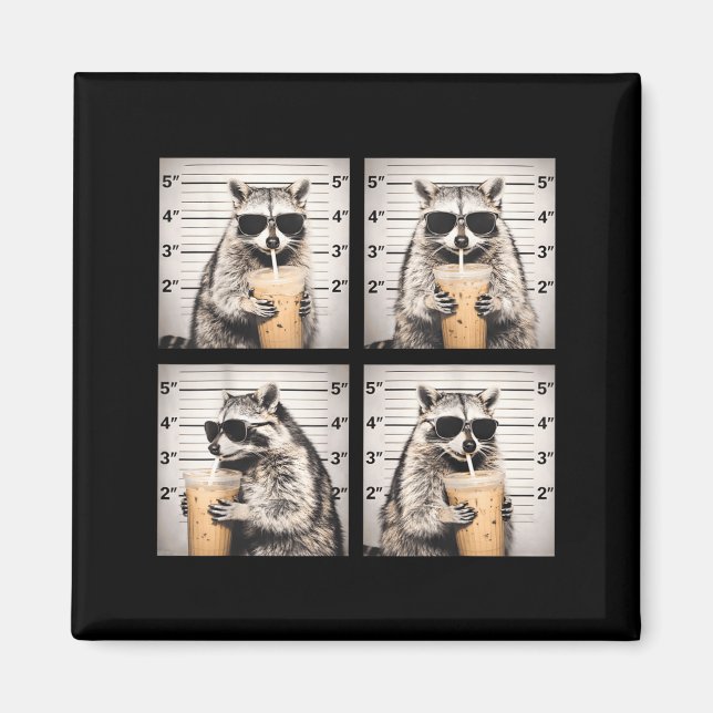 Racoon drinking iced coffee funny mugshot animal magnet (Front)
