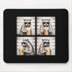Racoon drinking iced coffee funny mugshot animal mouse pad