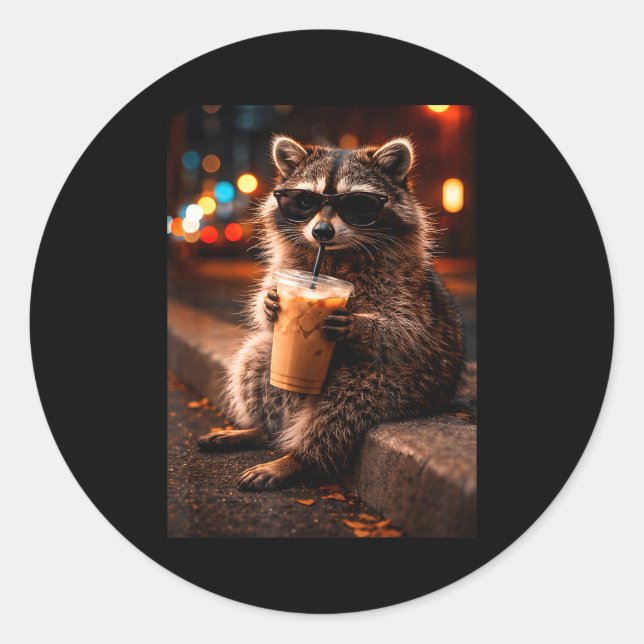 Racoon drinking iced coffee funny trash panda classic round sticker (Front)