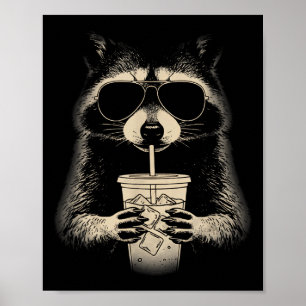 Racoon drinking iced coffee meme face y2k grunge poster