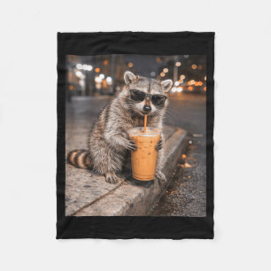 Racoon drinking iced coffee meme funny animal for fleece blanket