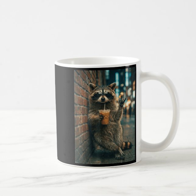 Racoon drinking iced coffee rock on meme funny  mug (Right)