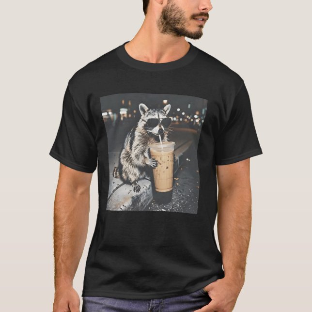 Racoon-Drinking-Iced-Coffee T-Shirt (Front)