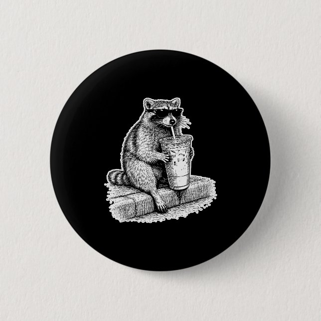 Racoon drinking iced coffee trash panda funny 6 cm round badge (Front)