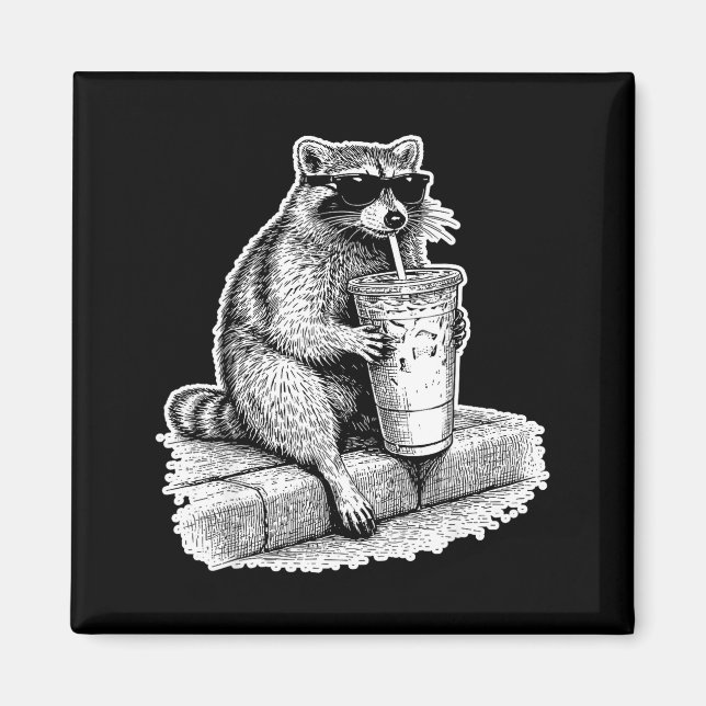 Racoon drinking iced coffee trash panda funny magnet (Front)