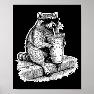 Racoon drinking iced coffee trash panda funny poster