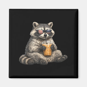 Racoon Drinking Iced Coffee Wearing Flag Sunglass Magnet