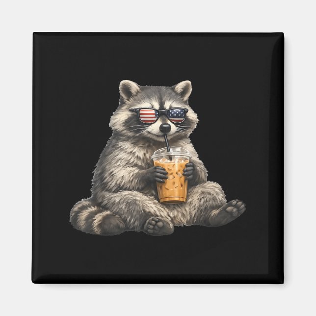 Racoon Drinking Iced Coffee Wearing Flag Sunglass Magnet (Front)