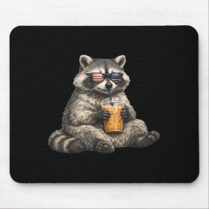 Racoon Drinking Iced Coffee Wearing Flag Sunglass Mouse Pad