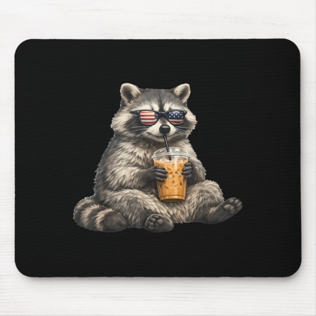 Racoon Drinking Iced Coffee Wearing Flag Sunglass Mouse Pad (Front)