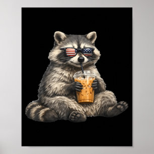 Racoon Drinking Iced Coffee Wearing Flag Sunglass Poster