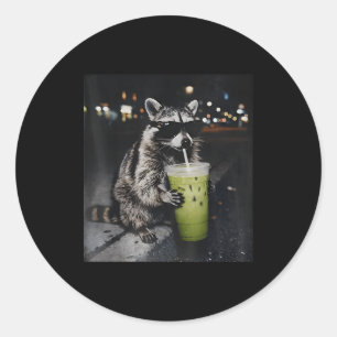 Racoon drinking iced matcha latte animal meme men classic round sticker