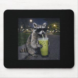 Racoon drinking iced matcha latte funny animal mouse pad
