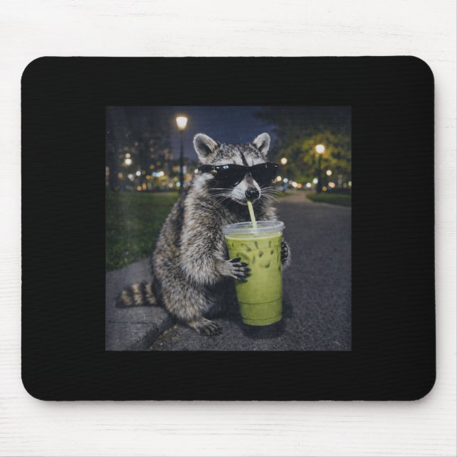 Racoon drinking iced matcha latte funny animal mouse pad (Front)
