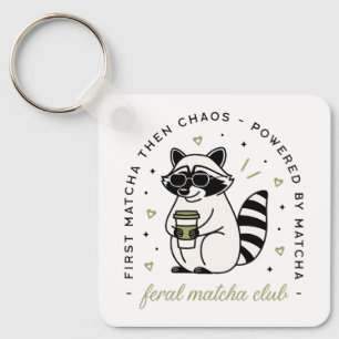 Racoon drinking matcha club funny kawaii animal key ring