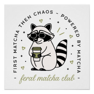 Racoon drinking matcha club funny kawaii animal poster