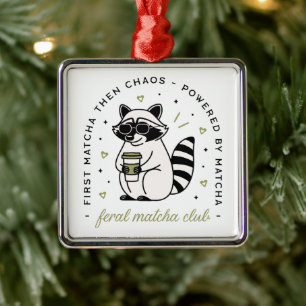 Racoon drinking matcha funny kawaii aesthetic metal ornament