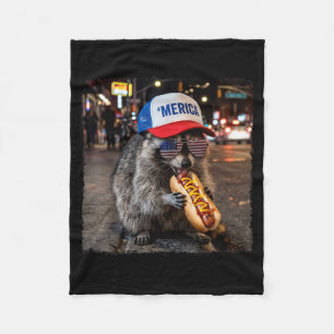 Racoon Eating Hotdog Funny Selfie Meme 4th Of Fleece Blanket