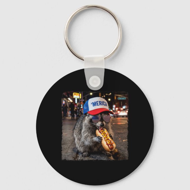 Racoon Eating Hotdog Funny Selfie Meme 4th Of Key Ring (Front)