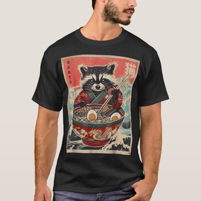 Racoon Eating Ramen Japanese Noodles Racoon Anime T-Shirt (Front)