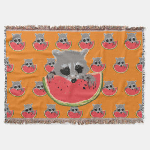Racoon eating  watermelon throw blanket