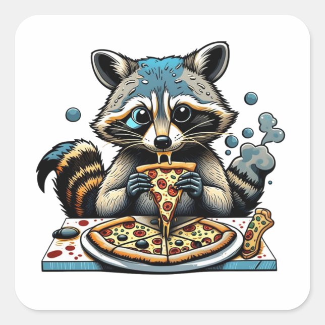 Racoon eats Pizza Square Sticker (Front)