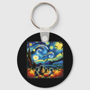 Racoon Fall Halloween Van Gogh Starry Night Pumpk Key Ring