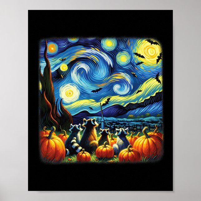 Racoon Fall Halloween Van Gogh Starry Night Pumpk Poster (Front)